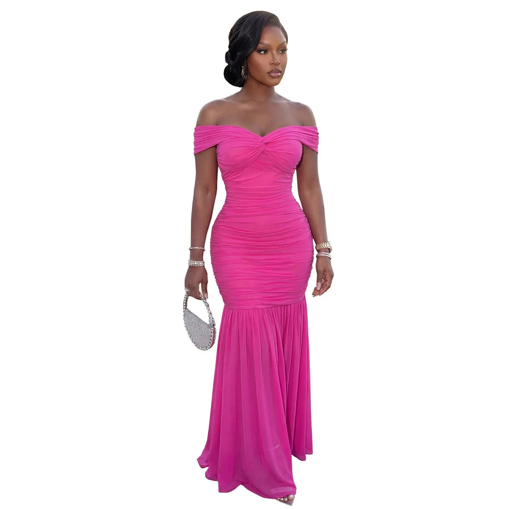 Dresses for Woman 2026 Elegant Sexy Off Shoulder Ruched Cinched Waist Evening Party Mesh Maxi Long Dress Slim Fit Fishtail Gown