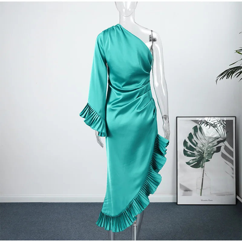 Blue Stain Evening Dresses for Women One Shoulder Long Sleeve Asymmetrical Ruffle Slim Long Dresses 2026 Spring New Party Gown