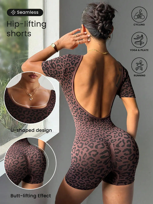 Seamless short sleeved jumpsuit with U-shaped neckline, hollowed out beautiful back, leopard print slim fit and slimming micro s