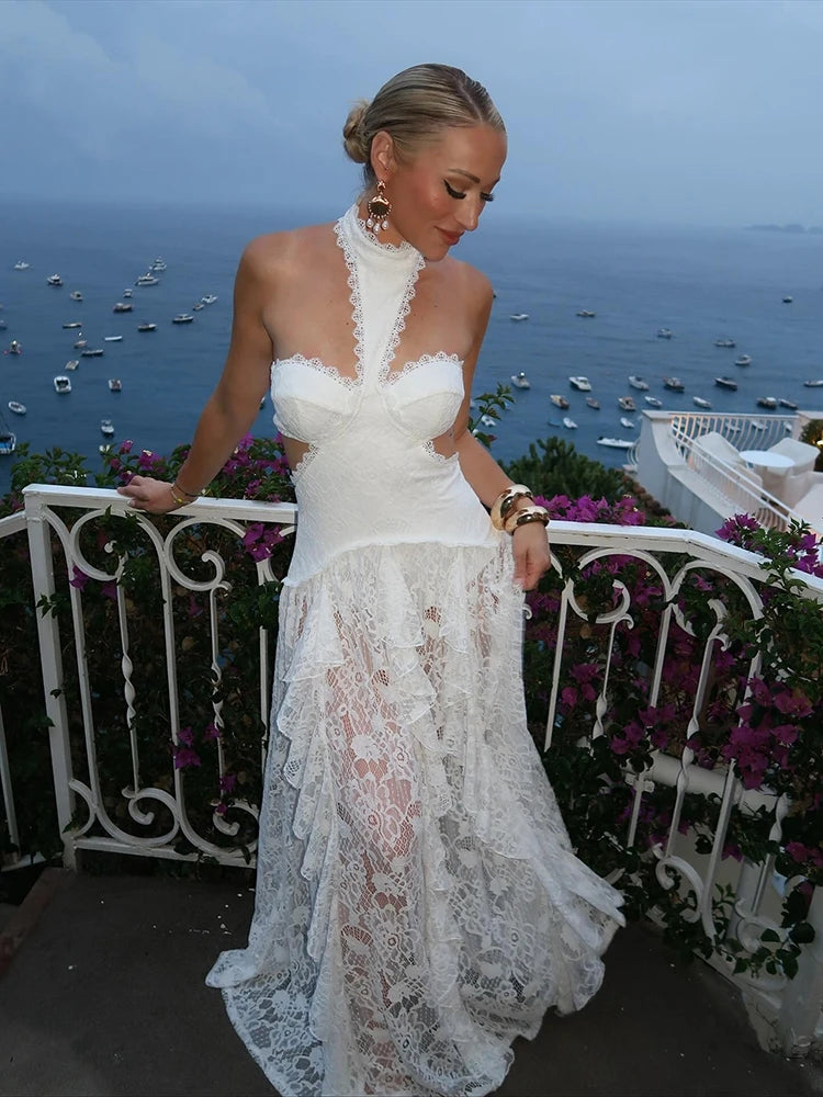 Sexy Lace Patchwork Dress Women Hollow Out Sleeveless Party Club Long Skirt See Through Halter Evening Gown Vacation Lady Robes