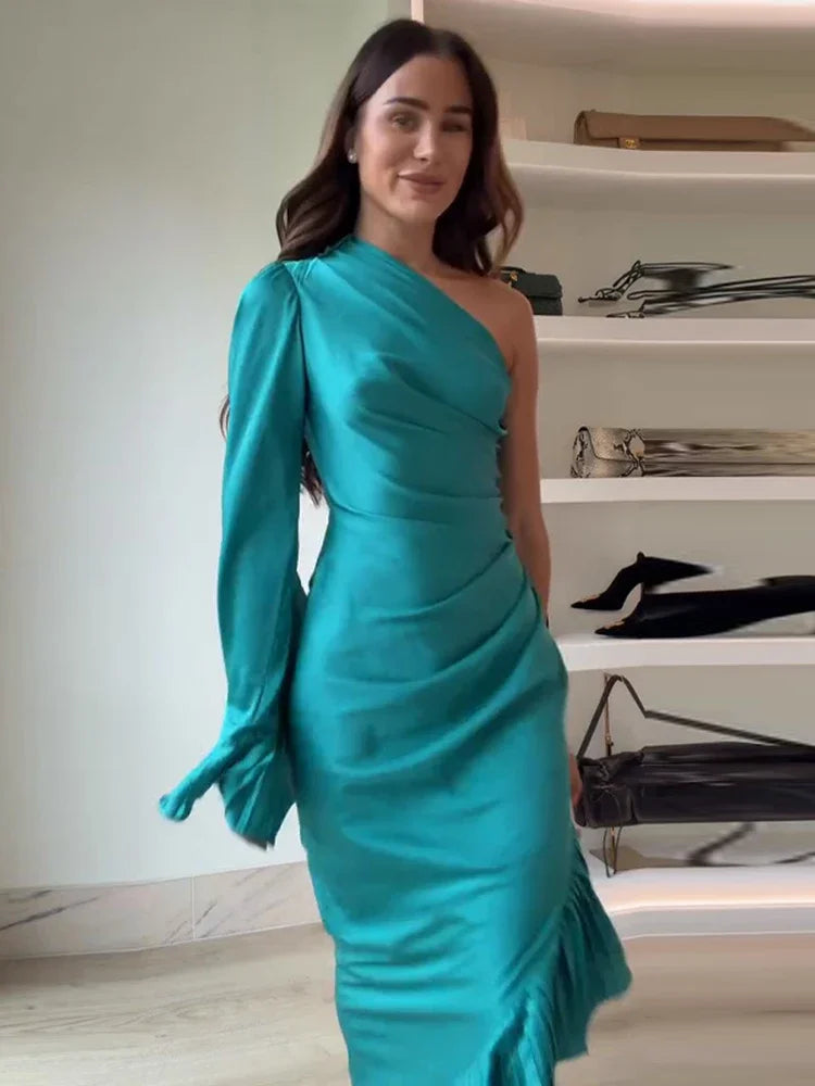 Blue Stain Evening Dresses for Women One Shoulder Long Sleeve Asymmetrical Ruffle Slim Long Dresses 2026 Spring New Party Gown