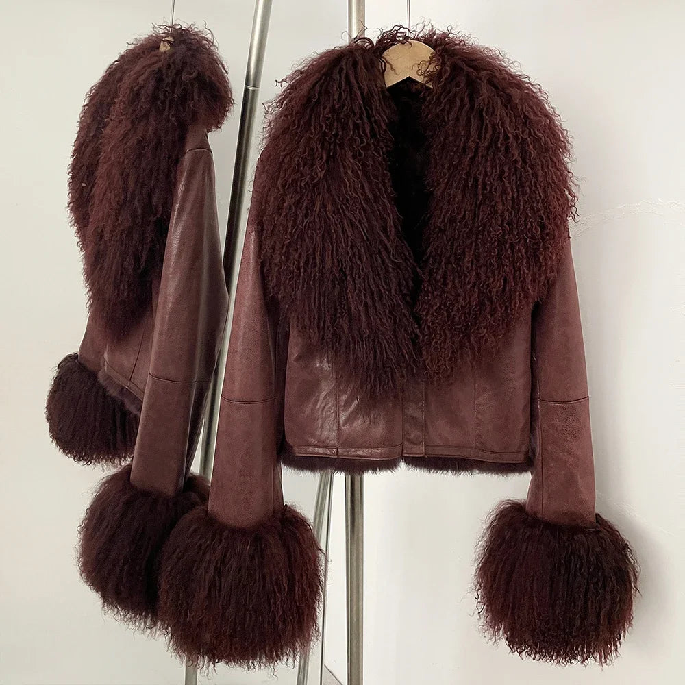 Real Mongolian Sheep Fur Coat 2025 Autumn Winter Suede Women with Long Sleeve New Arrival Winter Rabbit Fur Lining Fur Jacket