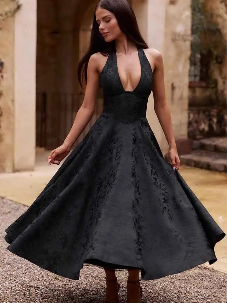 Elegant Pink Halter Jacquard Bow Long Dress Women's Corset Backless High Waist Yellow Dresses Summer Evening Party Wedding Guest