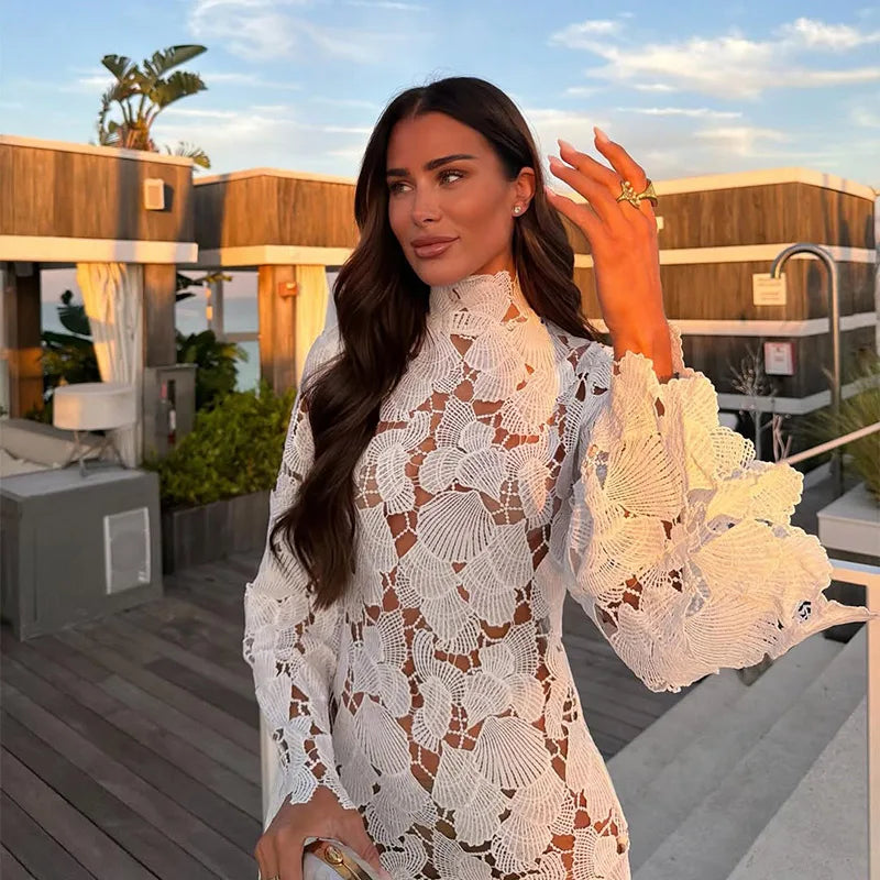 White Crochet Hollow-out Mini Dresses Women's Sexy IrregulaR Hem Stand Collar Full Sleeve Dress 2026 Spring New Lady Party Gowns