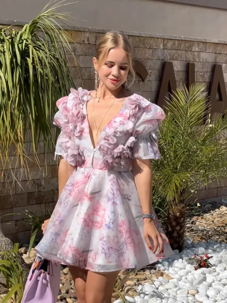 Chic V Neck Printed Flare Sleeve Mini Dress Elegant Pleated Hollow Out A-line Gown 2026 New Female Holiday Dinner Party Vestido