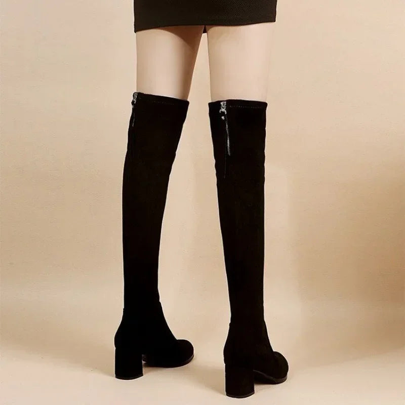 Faux Suede Female Heels Autumn Zipper Elastic Knee-high Boots for Women Tube Lace-up Thigh Gigh Boots Black Botas Mujer