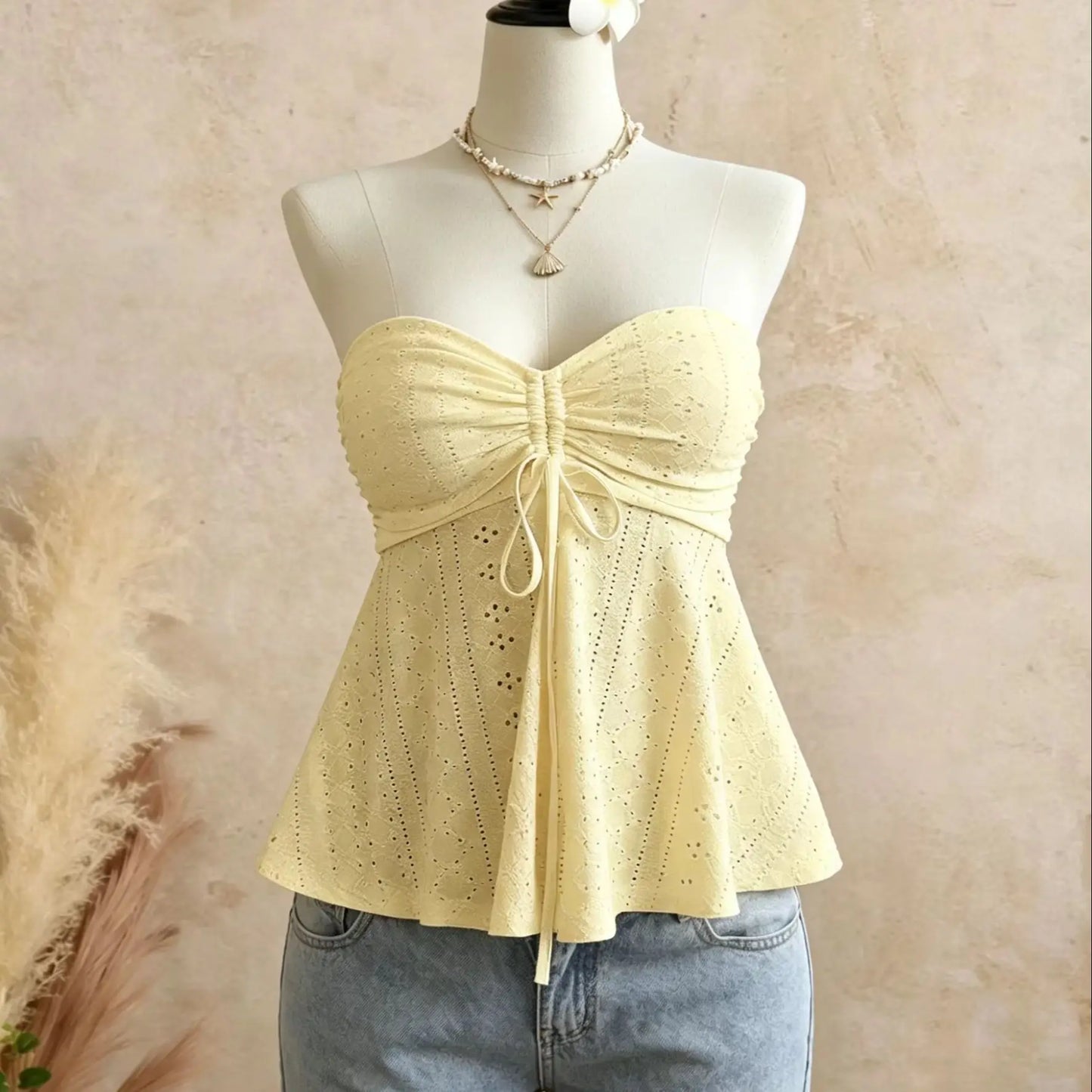 Women Yellow Eyelet Lace Tube Top Casual Ruched Tie Front Peplum Strapless Camisole