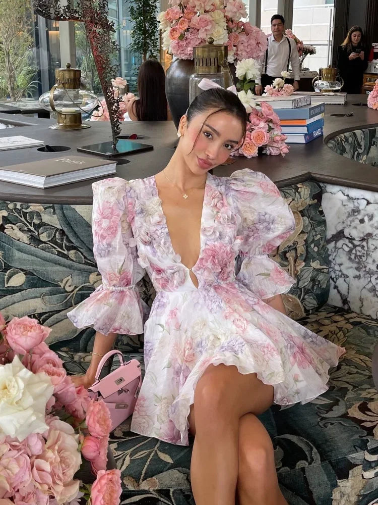 Chic V Neck Printed Flare Sleeve Mini Dress Elegant Pleated Hollow Out A-line Gown 2026 New Female Holiday Dinner Party Vestido