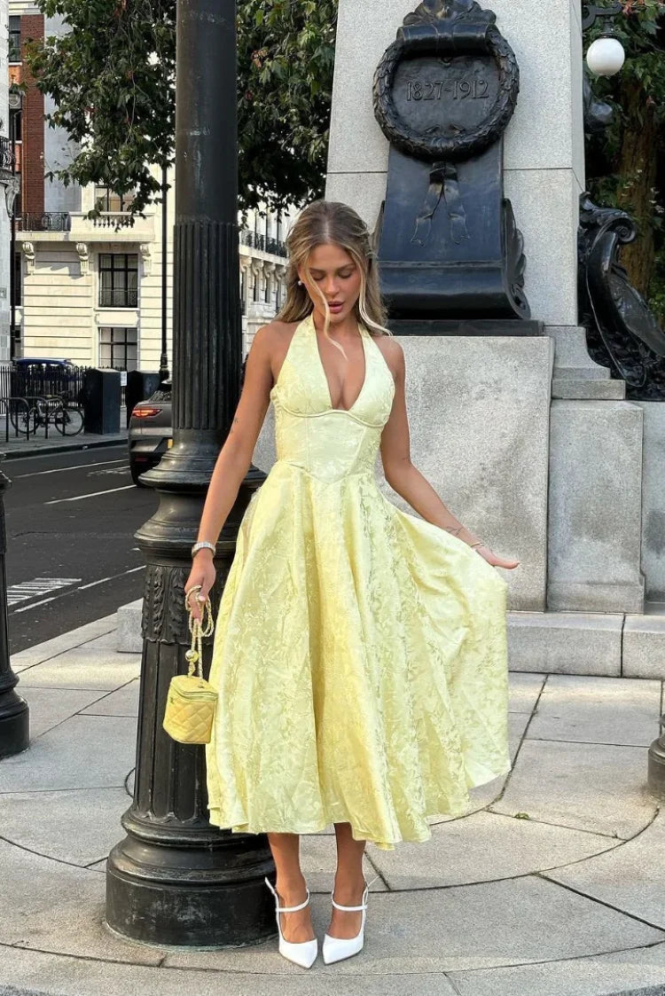 Elegant Pink Halter Jacquard Bow Long Dress Women's Corset Backless High Waist Yellow Dresses Summer Evening Party Wedding Guest