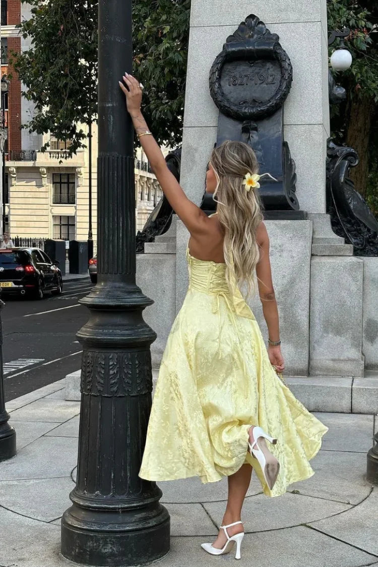 Elegant Pink Halter Jacquard Bow Long Dress Women's Corset Backless High Waist Yellow Dresses Summer Evening Party Wedding Guest