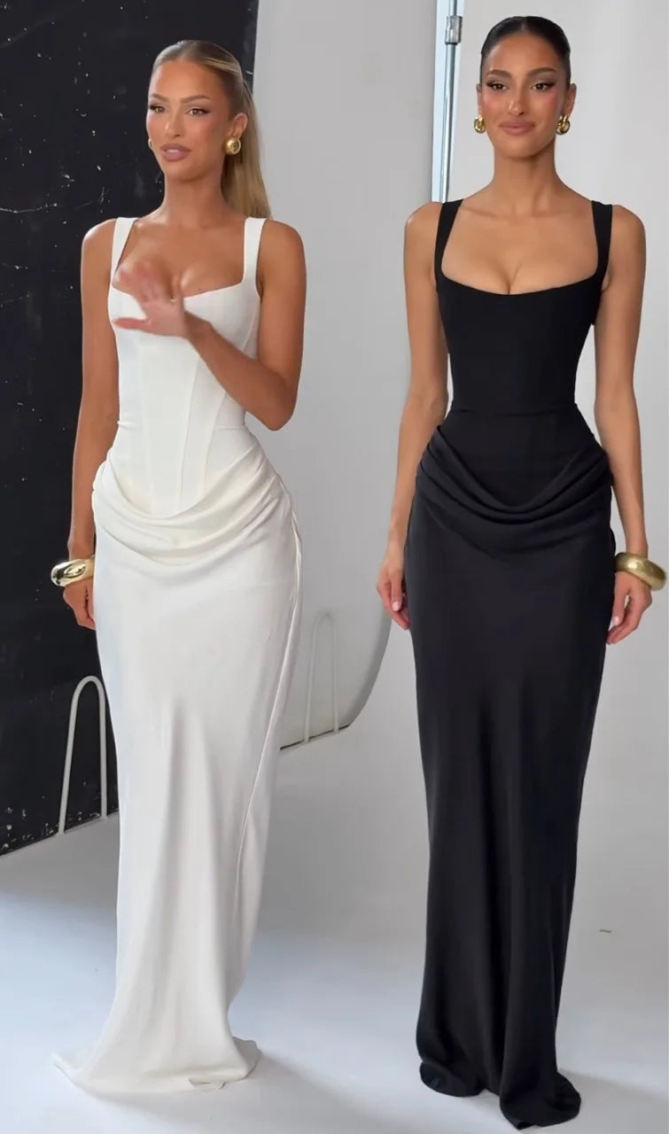 Suninheart White Women's Maxi Dress Elegat Lace Up Dress Slim Formal Wedding Guest Party Dress