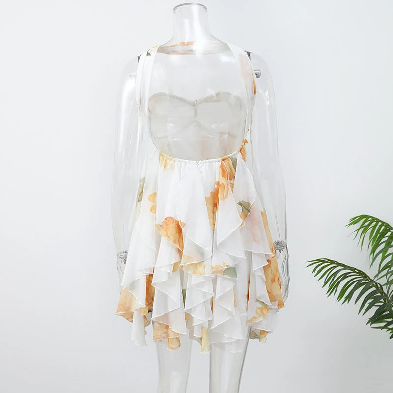 Floral Printd Lace Patchwork Sling Mini Dress Women Elegant Backless Sleeveless A Line Vestidos Chic Lady Holiday Street Wear