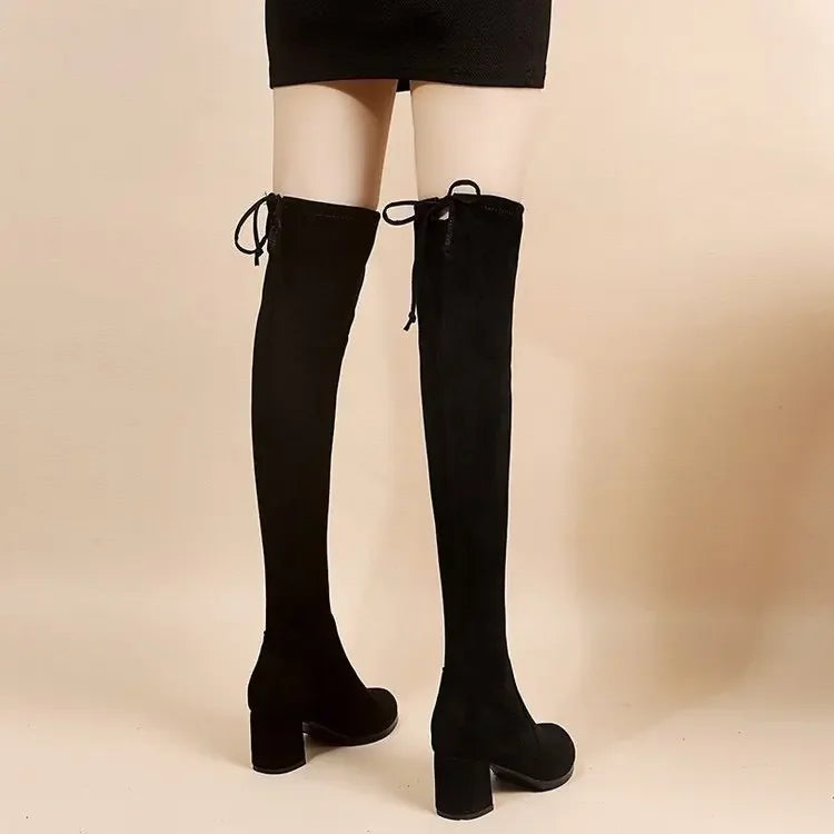 Faux Suede Female Heels Autumn Zipper Elastic Knee-high Boots for Women Tube Lace-up Thigh Gigh Boots Black Botas Mujer