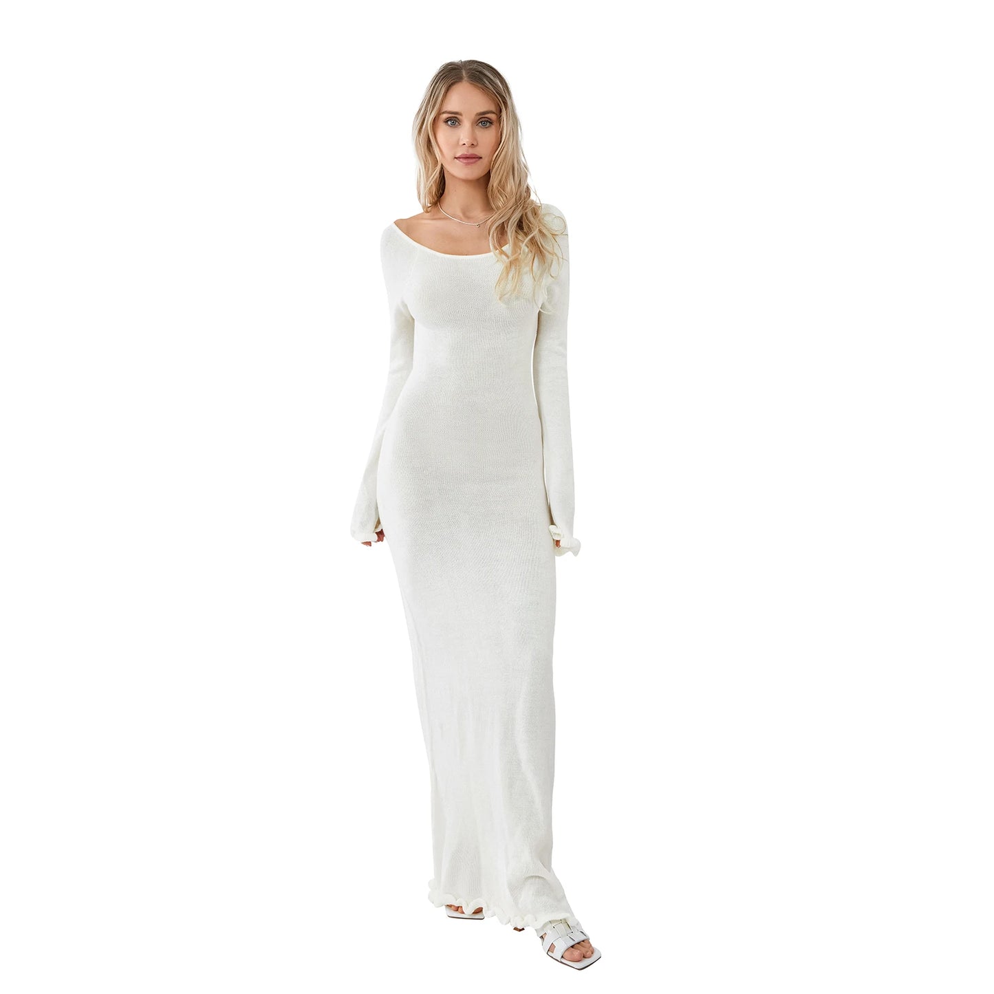 Women Long Sleeve Tie Backless Round Neck Ruffle Trim Long Dress Autumn Winter Knit Solid Color Bodycon Dress Beige/Grey/White