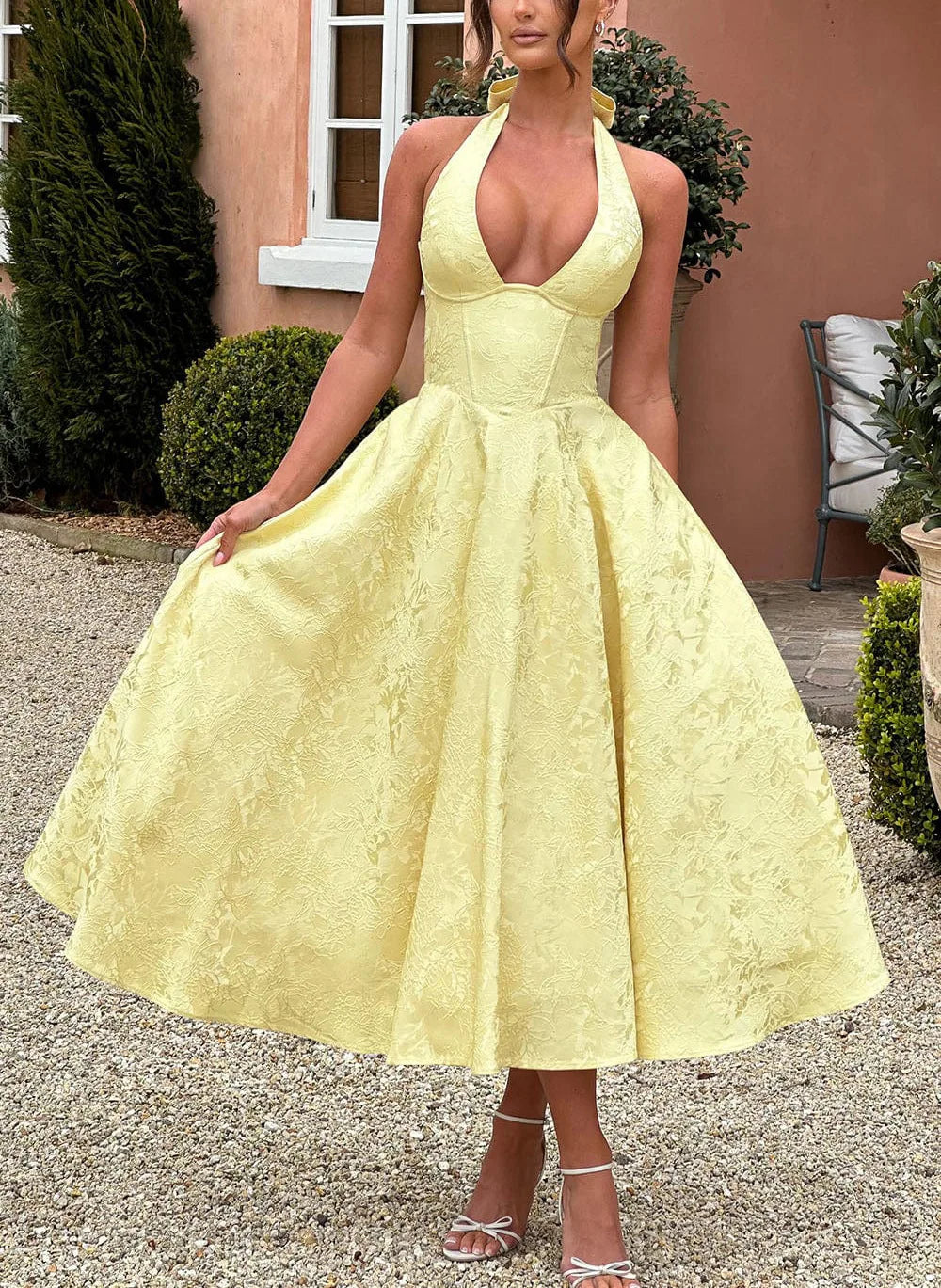 Elegant Pink Halter Jacquard Bow Long Dress Women's Corset Backless High Waist Yellow Dresses Summer Evening Party Wedding Guest
