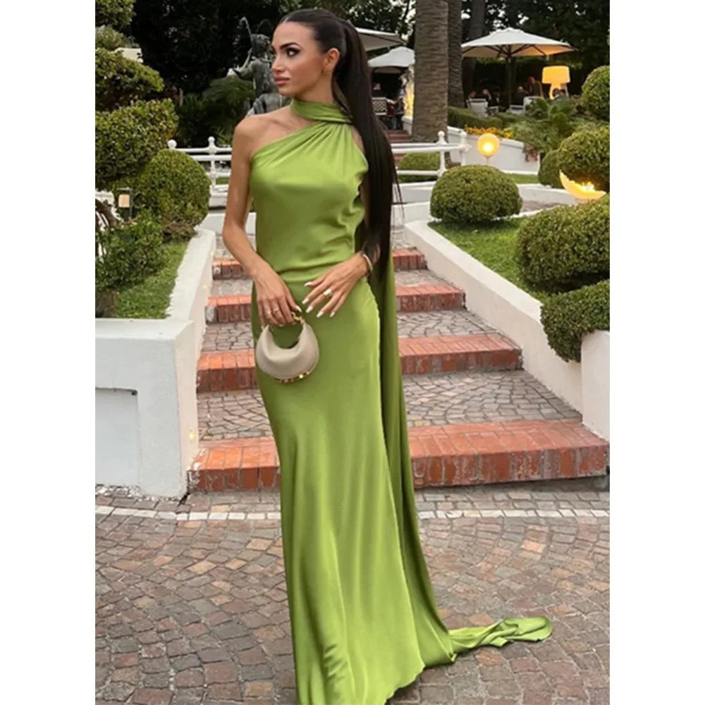 VEITCHE Elegant Women's Soft Silk Satin Long Dress Halter Backless Sleeveless Maxi Dresses Summer Lady Long Ribbon Party Gowns