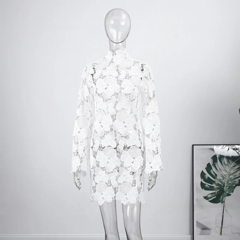 White Crochet Hollow-out Mini Dresses Women's Sexy IrregulaR Hem Stand Collar Full Sleeve Dress 2026 Spring New Lady Party Gowns