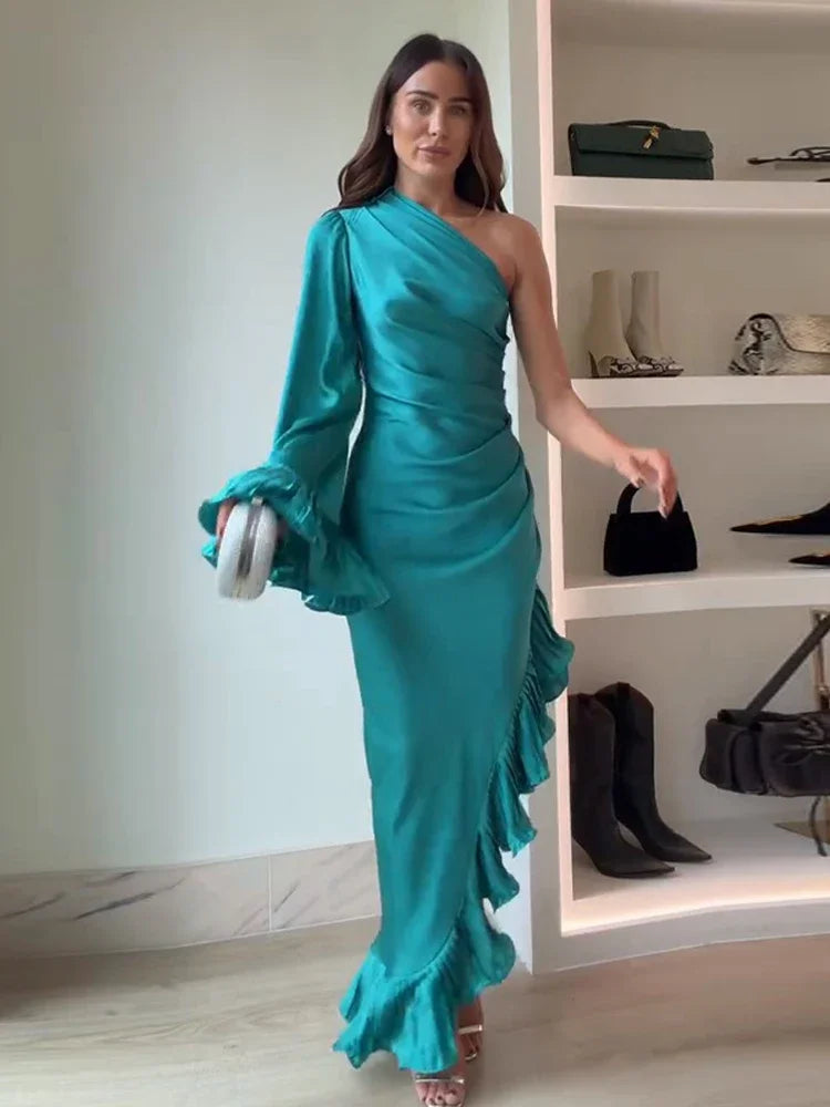 Blue Stain Evening Dresses for Women One Shoulder Long Sleeve Asymmetrical Ruffle Slim Long Dresses 2026 Spring New Party Gown