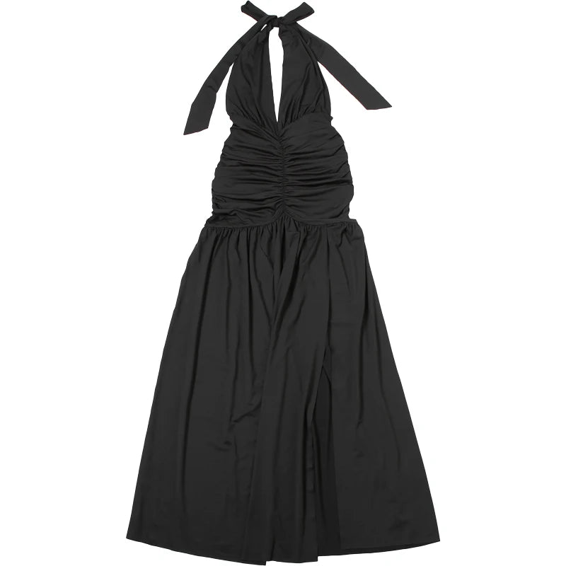 Weird Puss Deep V-Neck Halter Dress Woman Summer  Ruffles Splits Backless Elegant Patchwork Solid Party Coquette Sexy Vestidos