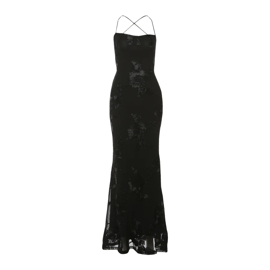 Weird Puss Flower Embroidery Maxi Dress Women Low-Neck Cross Bandage Backless Summer Street New Trend Skinny Elegant Vestidos