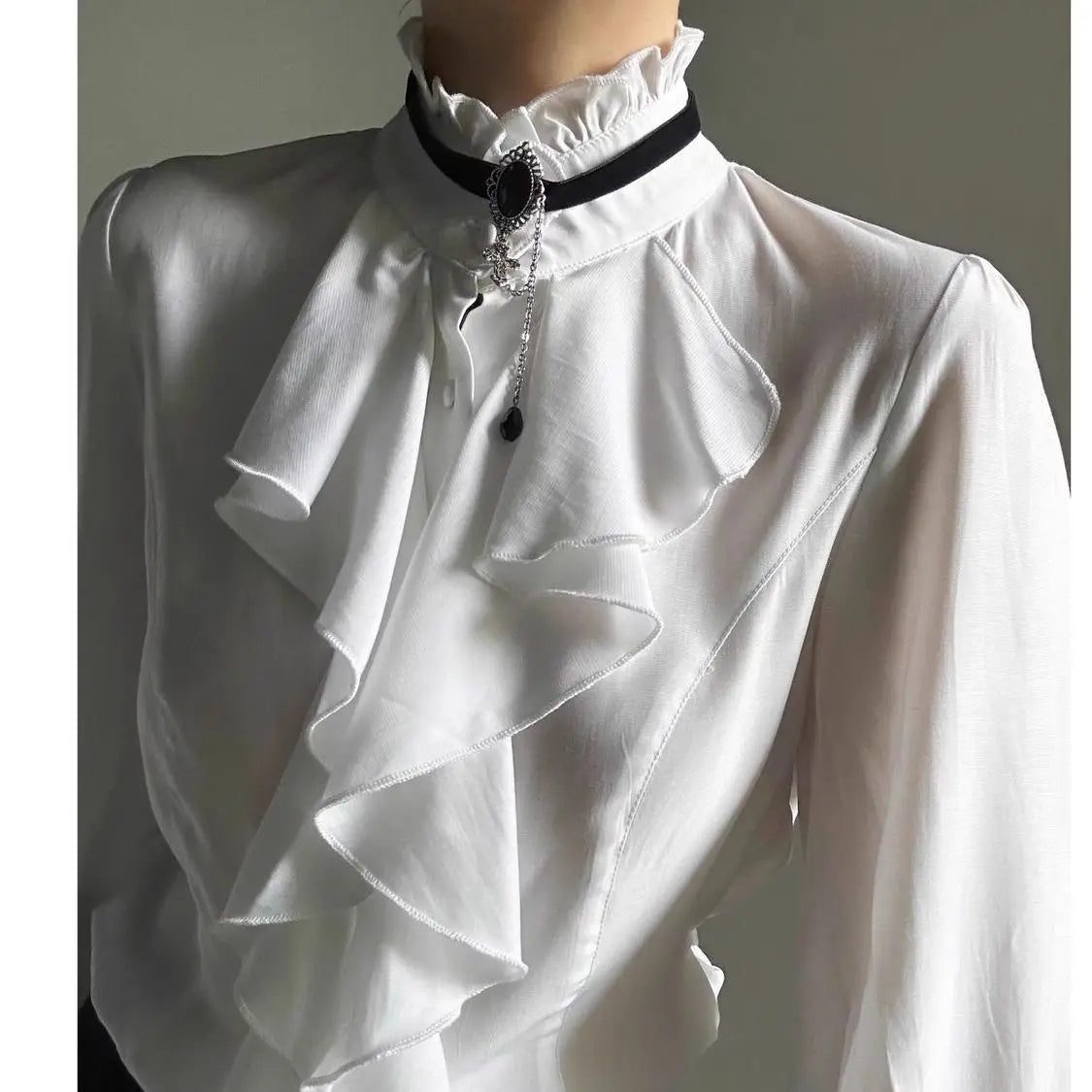 Deeptown White Ruffles Elegant Vintage Women Blouses Black Y2k Victorian Gothic Long Sleeve Stand Collar Shirts Loose Preppy