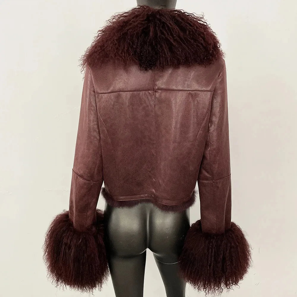 Real Mongolian Sheep Fur Coat 2025 Autumn Winter Suede Women with Long Sleeve New Arrival Winter Rabbit Fur Lining Fur Jacket