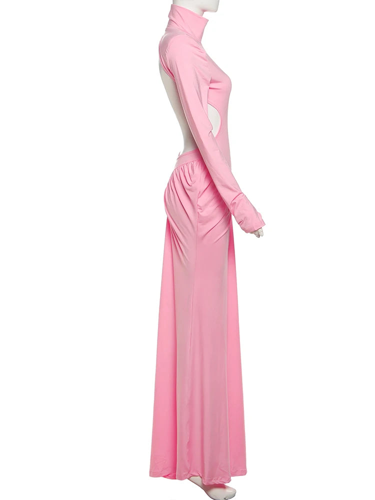 Weird Puss Backless Maxi Dress Women Long Sleeve Shoulder Pads Waistless Peach Buttocks Ruched Elegant Banquet Skinny Vestidos