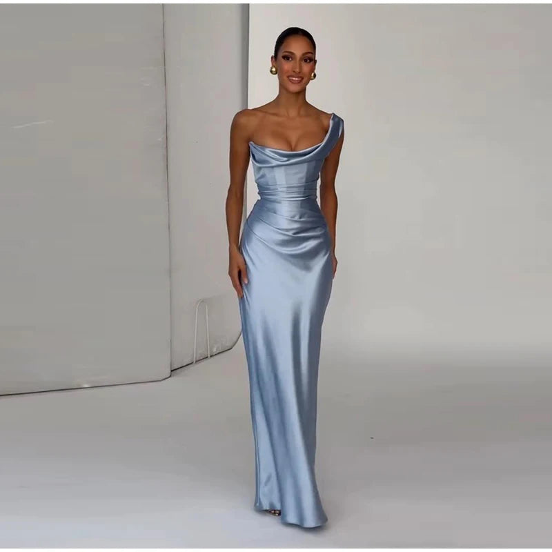 One Shoulder Satin Women 's Maxi Dress Cowl Neck Ruched Waist Bodycon Dresses 2026 Summer Woman Formal Evening Party Vestidos