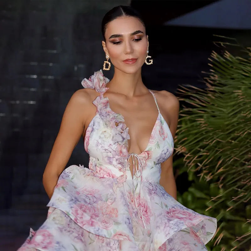 Floral Printd Lace Patchwork Sling Mini Dress Women Elegant Backless Sleeveless A Line Vestidos Chic Lady Holiday Street Wear