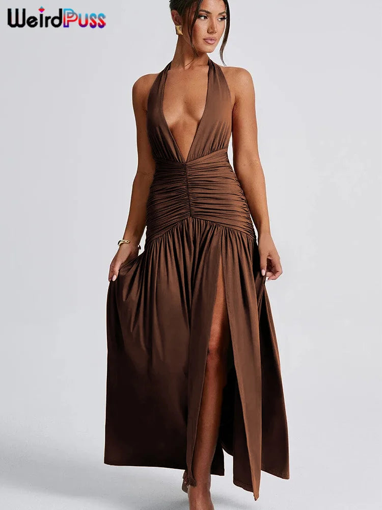 Weird Puss Deep V-Neck Halter Dress Woman Summer  Ruffles Splits Backless Elegant Patchwork Solid Party Coquette Sexy Vestidos