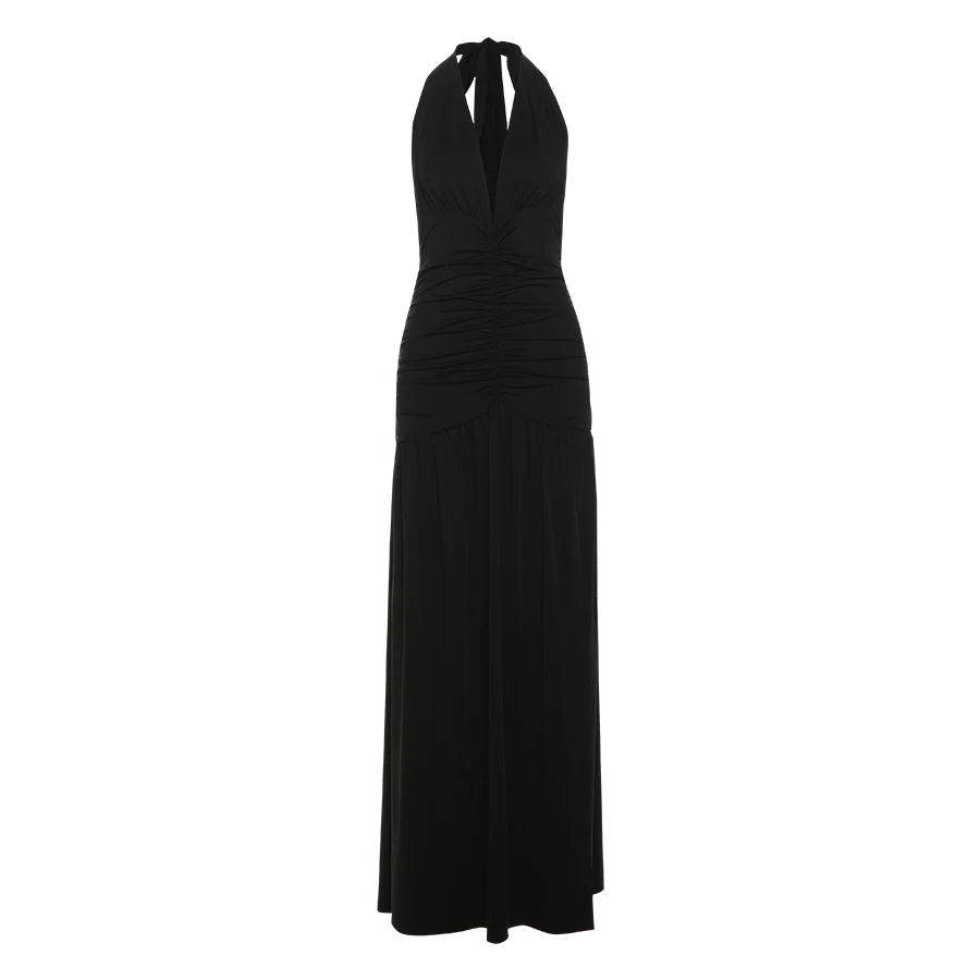 Weird Puss Deep V-Neck Halter Dress Woman Summer  Ruffles Splits Backless Elegant Patchwork Solid Party Coquette Sexy Vestidos