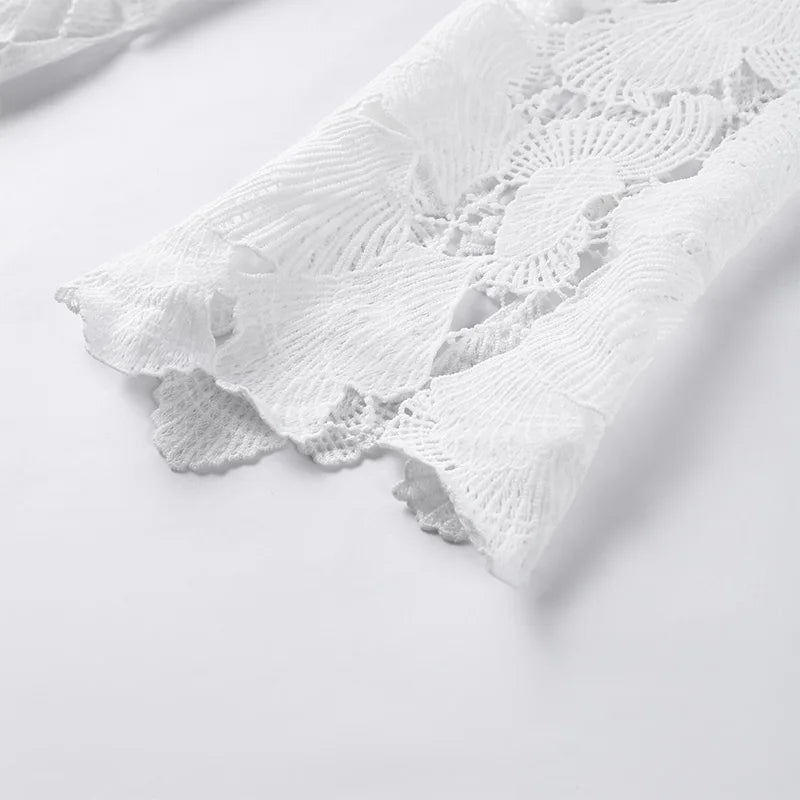 White Crochet Hollow-out Mini Dresses Women's Sexy IrregulaR Hem Stand Collar Full Sleeve Dress 2026 Spring New Lady Party Gowns