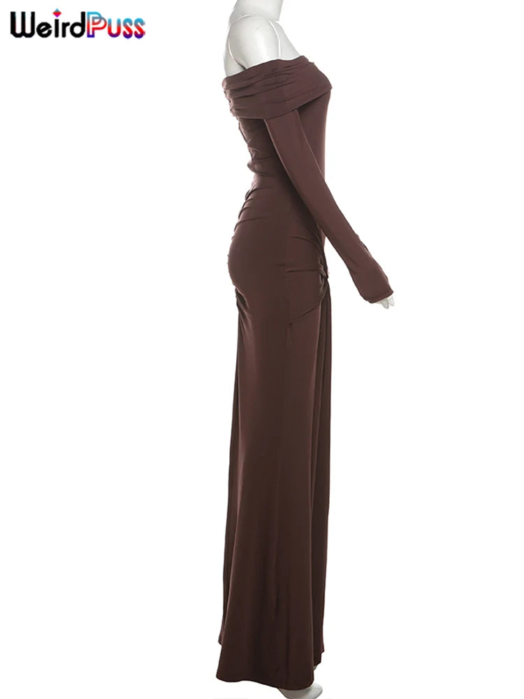 Weird Puss Elegant Party Dress Ruched Metal Buckle Ribbon Slash Neck Full Sleeve Skinny Stretch Birthday Party Slim Long Bodycon