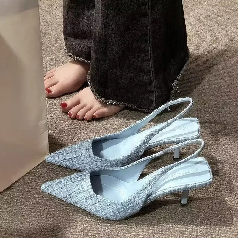 Fashion brand designed knitted platform heels for women, pointed-toe party shoes, comfortable large-size summer stiletto sandals