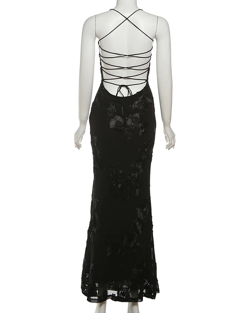 Weird Puss Flower Embroidery Maxi Dress Women Low-Neck Cross Bandage Backless Summer Street New Trend Skinny Elegant Vestidos