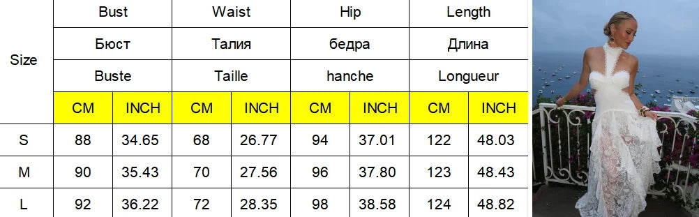 Sexy Lace Patchwork Dress Women Hollow Out Sleeveless Party Club Long Skirt See Through Halter Evening Gown Vacation Lady Robes