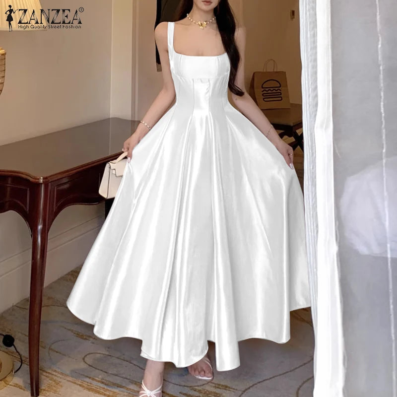 ZANZEA Women's Elegant White Satin Long Dresses Wedding Guest Cocktail Evening Party Dress Square Neck Sleeveless Robes Femme