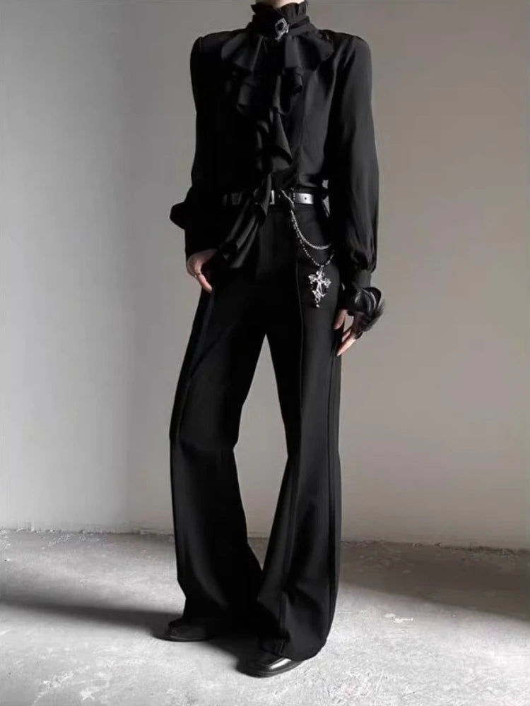 Deeptown White Ruffles Elegant Vintage Women Blouses Black Y2k Victorian Gothic Long Sleeve Stand Collar Shirts Loose Preppy