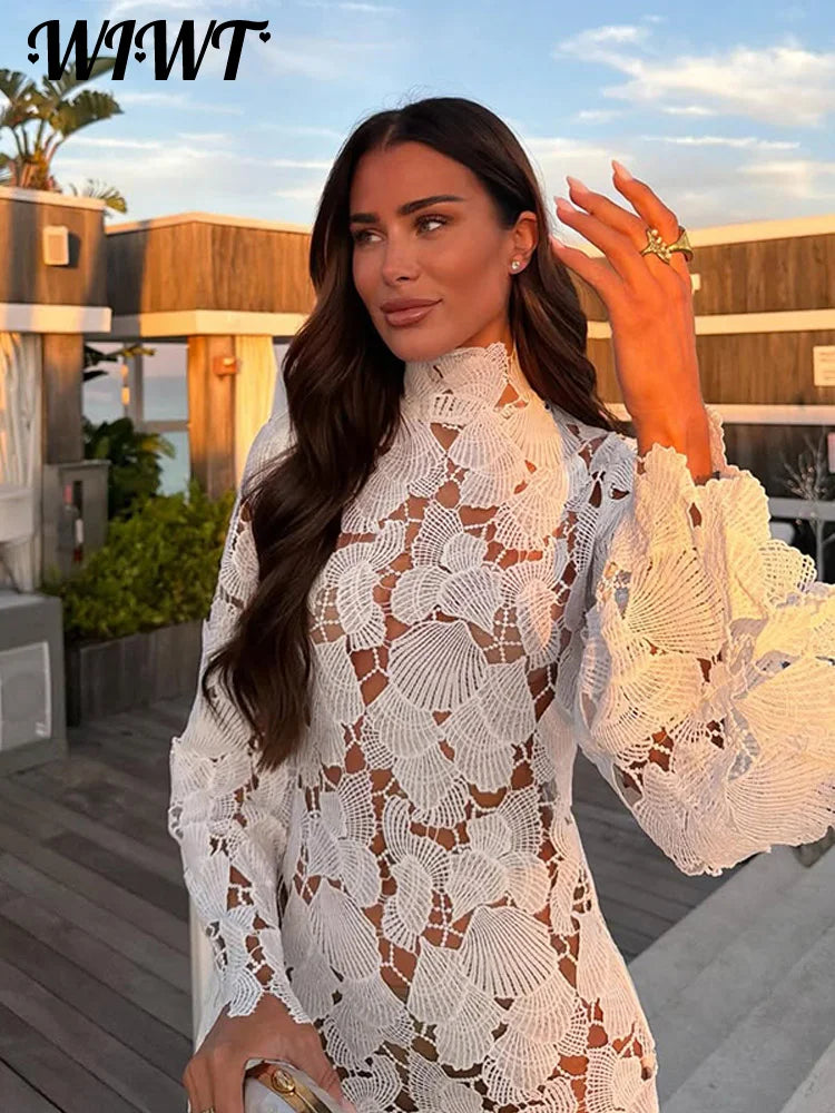 White Crochet Hollow-out Mini Dresses Women's Sexy IrregulaR Hem Stand Collar Full Sleeve Dress 2026 Spring New Lady Party Gowns