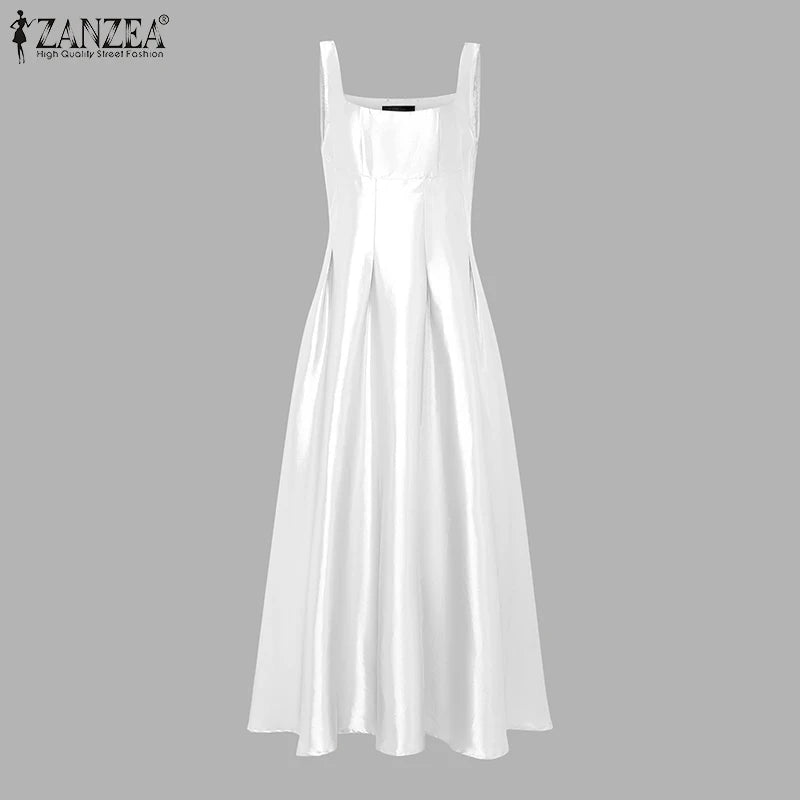ZANZEA Women's Elegant White Satin Long Dresses Wedding Guest Cocktail Evening Party Dress Square Neck Sleeveless Robes Femme