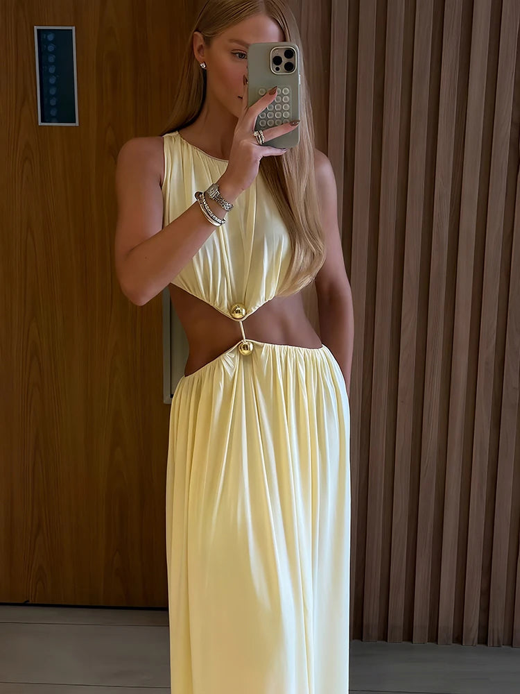 Weird Puss Waistless Chic Dress Women  Metal Trim Sleeveless O-Neck Skinny Elegant Summer Hipster Prom Party Vacation Vestidos